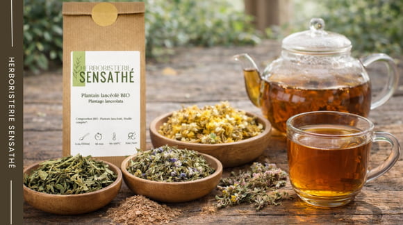 Plantes séchées de la famille des Plantaginacées avec infusion en préparation pour les voies respiratoires - Herboristerie Sensathé